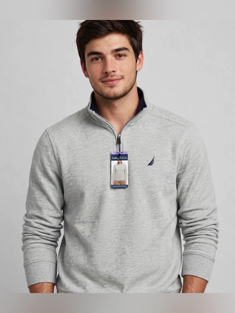 Nautica Men’s Light Gray Half-Zip Mock Collar Sweater